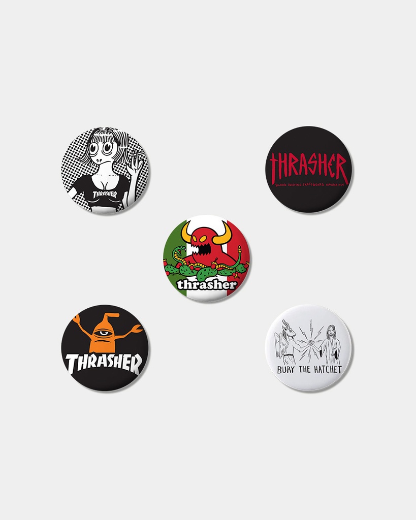 THRASHER X TOY MACHINE 1" BUTTON 5PK