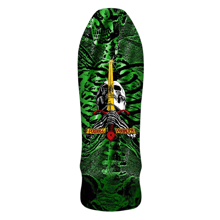 POWELL GEEGAH SKULL & SWORD GREEN FOIL SHAPED DECK 9.75 X 30.0