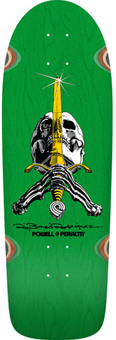 POWELL OG RODRIGUEZ SKULL & SWORD GREEN STAIN REISSUE SHAPED DECK 10.00 X 30.00