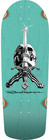 POWELL RODRIGUEZ OG SKULL & SWORD SNUB NOSE TEAL STAIN REISSUE SHAPED DECK 10.00 X 28.25