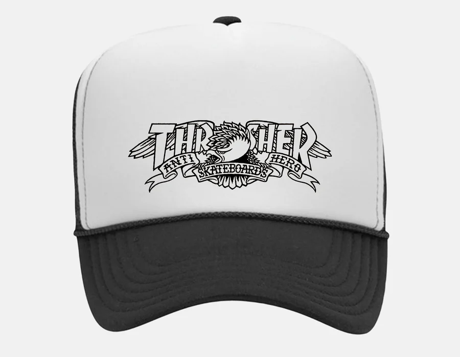 THRASHER X ANTI-HERO MAG BANNER TRUCKER HAT BLK/BLK/WHT