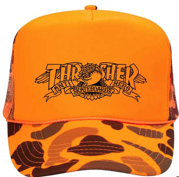 THRASHER X ANTI-HERO MAG BANNER TRUCKER HAT ORANGE CAMO