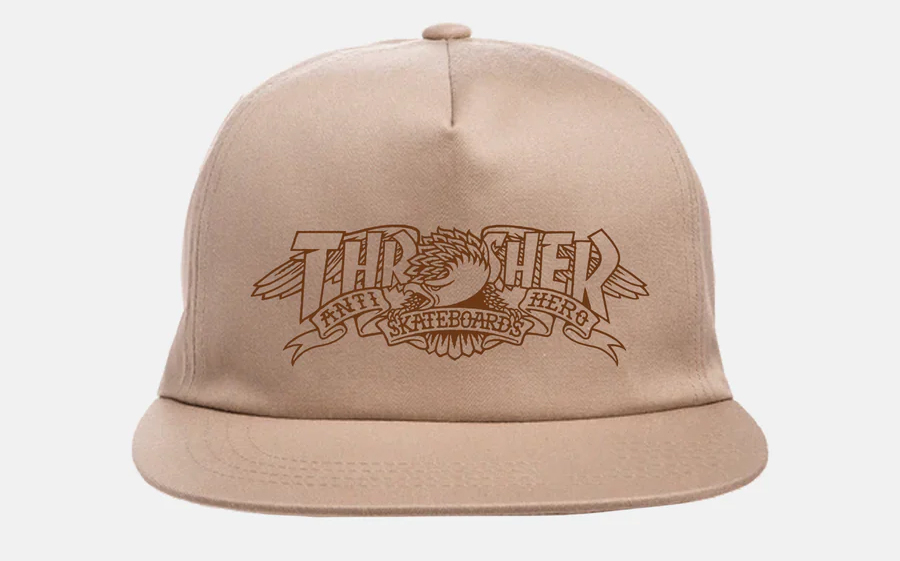 THRASHER X ANTI-HERO MAG BANNER SNAPBACK HAT KHAKI