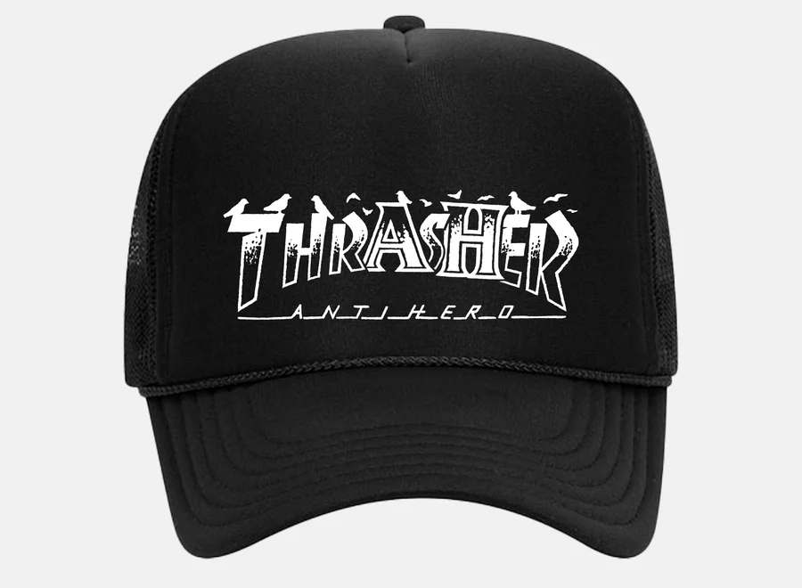 THRASHER X ANTI-HERO PIGEON MAG TRUCKER HAT BLACK