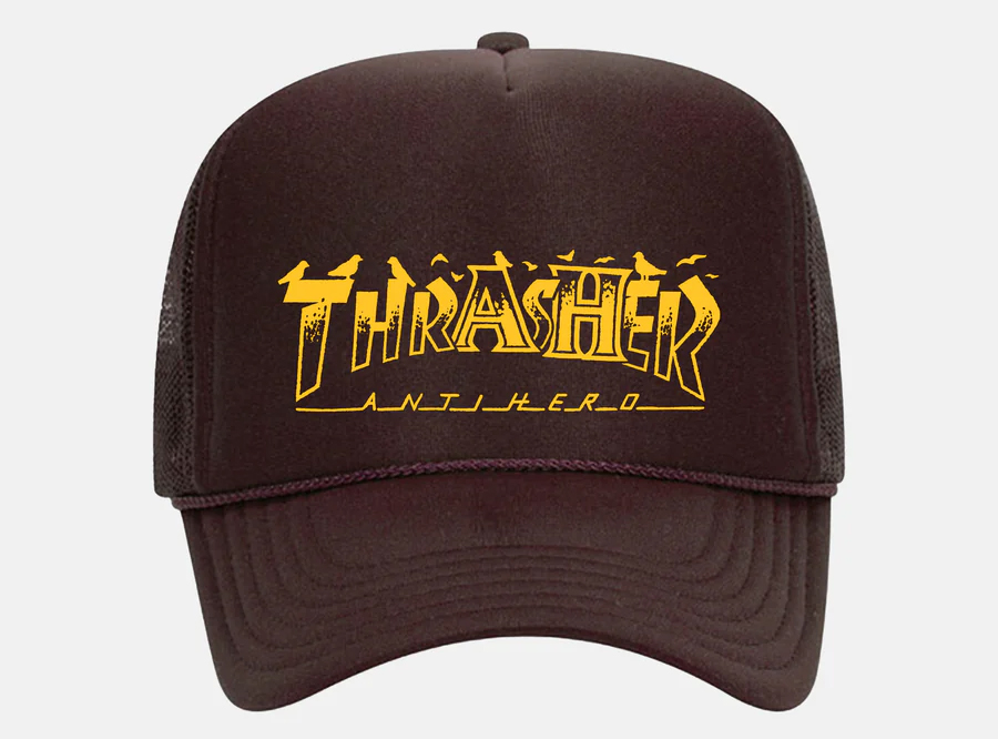 THRASHER X ANTI-HERO PIGEON MAG TRUCKER HAT BROWN